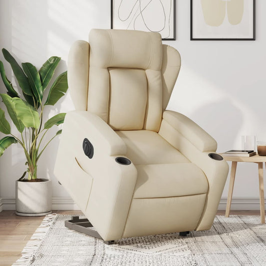 Fotoliu electric rabatabil cu ridicare, crem, textil